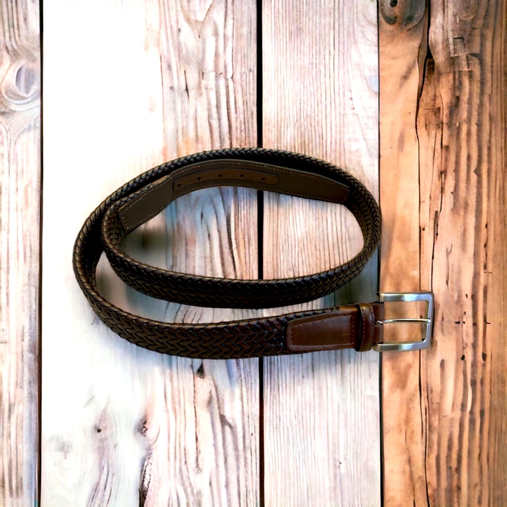 🌞Summer Clearance Mens Brown Woven Vegan Leather Belt Silver Tone Buckle